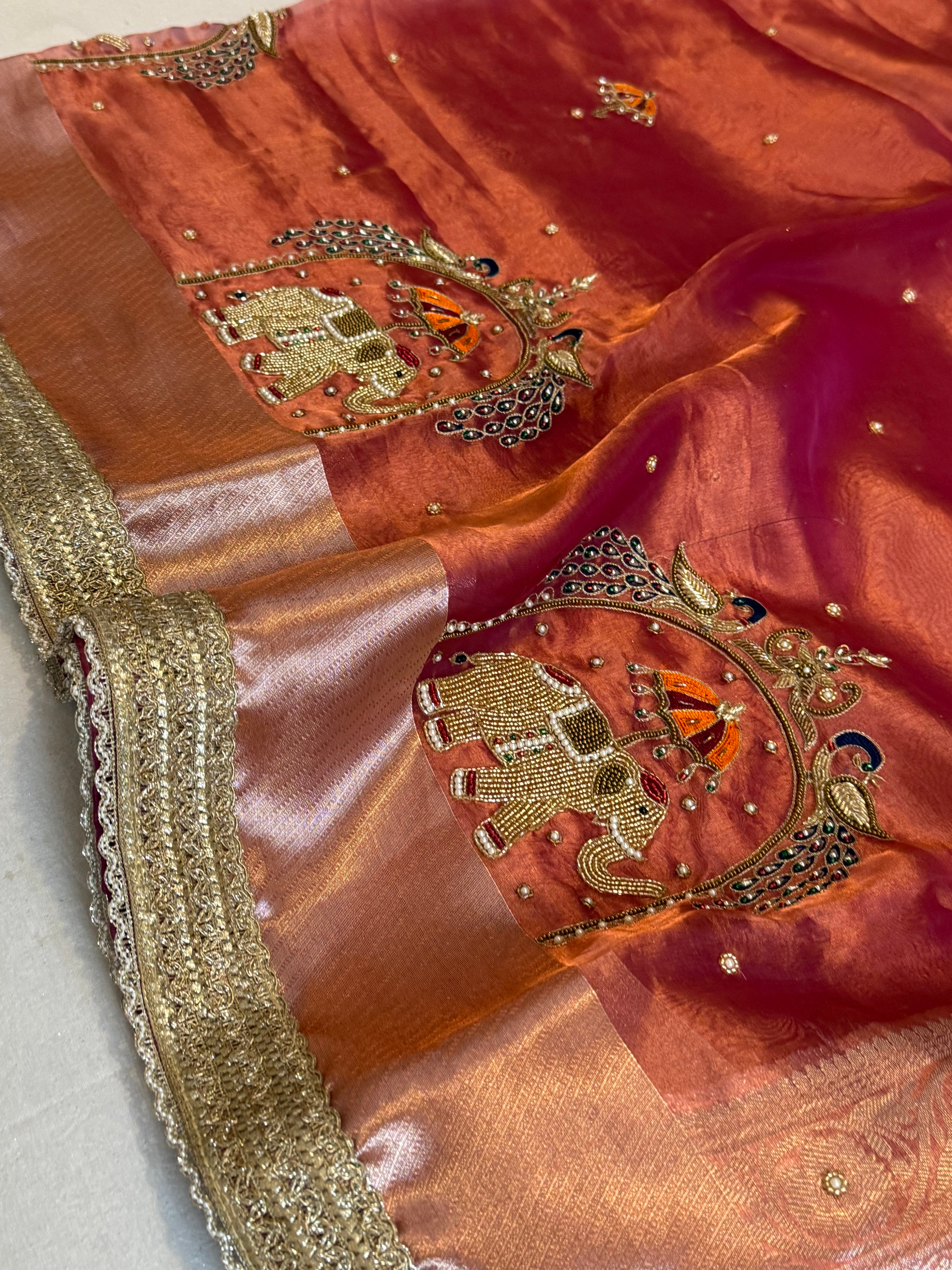 Hathi , ghoda aur palki wali saree - Husn tissue silk hand embroidered saree